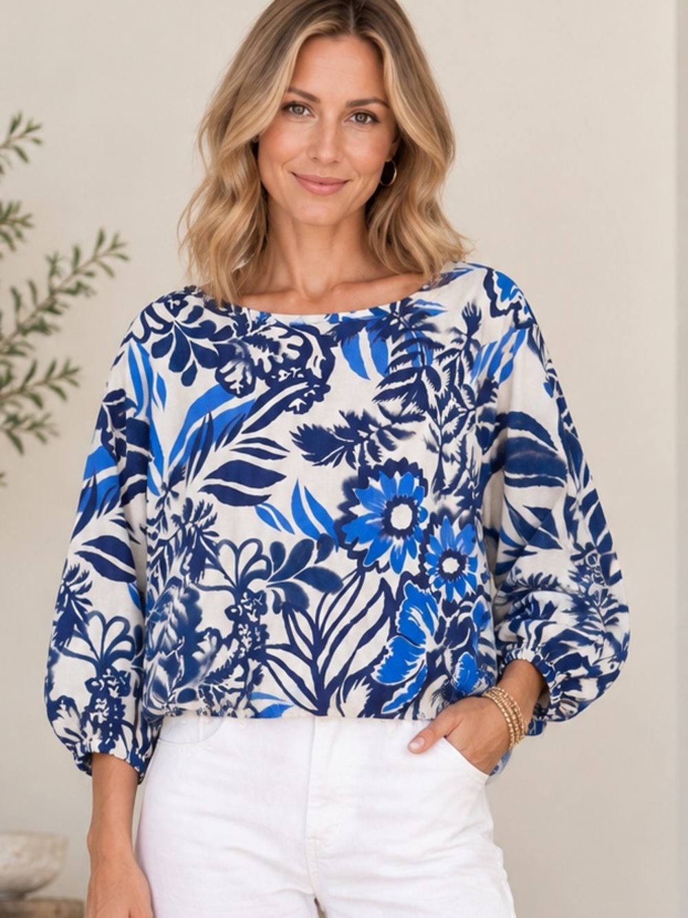 Bryn Walker Floral Cotton Blouson Top Blue Ivory Balloon Sleeve Size Large USA